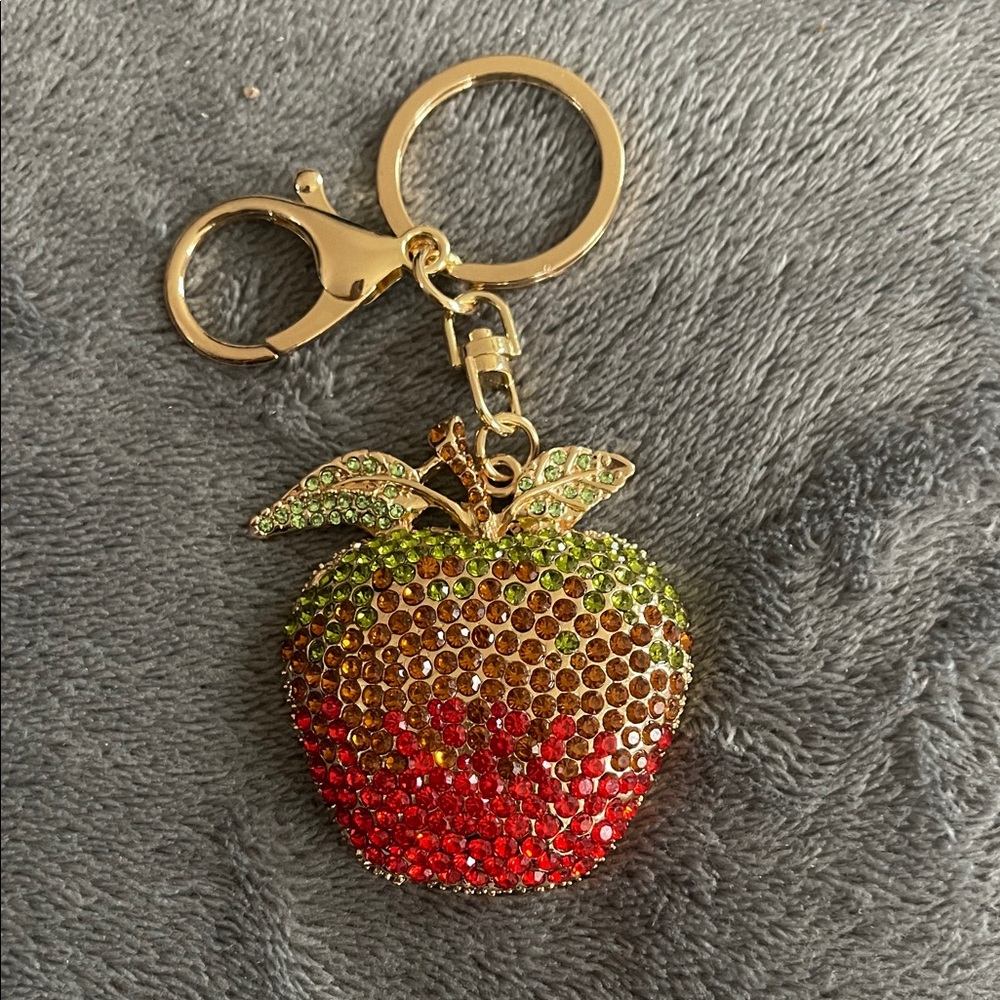Gold and Red Apple Keychain purse charm new rhinestones teacher gift